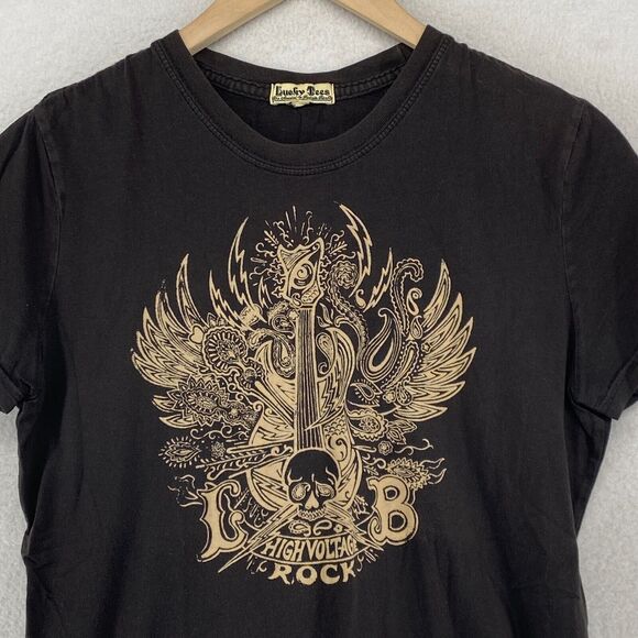 LUCKY TEES Top Womens M HIGH VOLTAGE ROCK GUITAR Short Sleeve Black Vintage - Picture 1 of 11